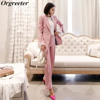 

Women Outfits 2019 Spring Fall New Business Pant Suits Double Breasted Pink Blazer Jacket and Pant Office Lady Suit 2 Piece Sets