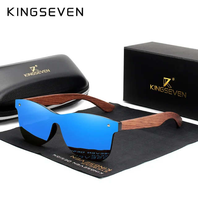 KINGSEVEN Natural Wooden Sunglasses Men Polarized Fashion Sun Glasses Original Wood Oculos De Sol Masculino Blue bubinga wood