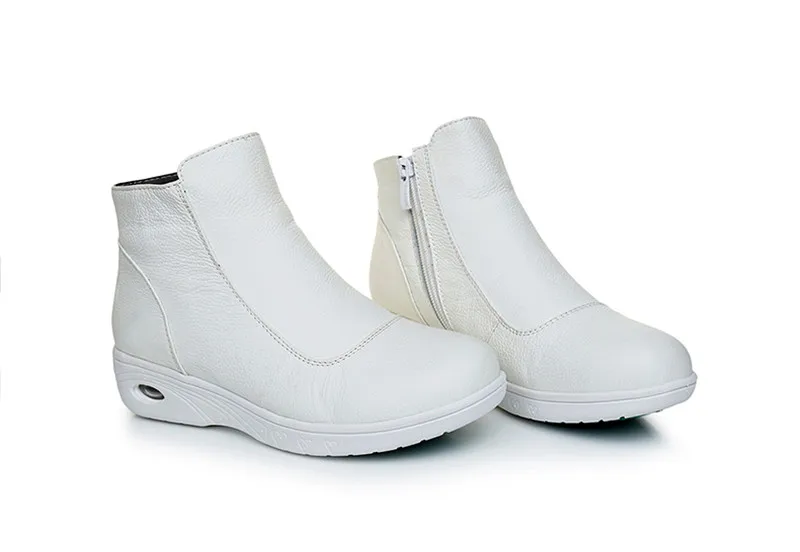 Зимние ботинки из кожи с натуральным лицевым покрытием; женская обувь на плоской подошве; прогулочные ботильоны на молнии; женские плюшевые короткие ботинки из натуральной кожи с круглым носком