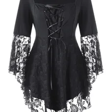 Wipalo готические женские рубашки больших размеров с квадратным воротником и расклешенными рукавами, женские топы с кружевным подолом, черные футболки, топы, блузы, женская одежда