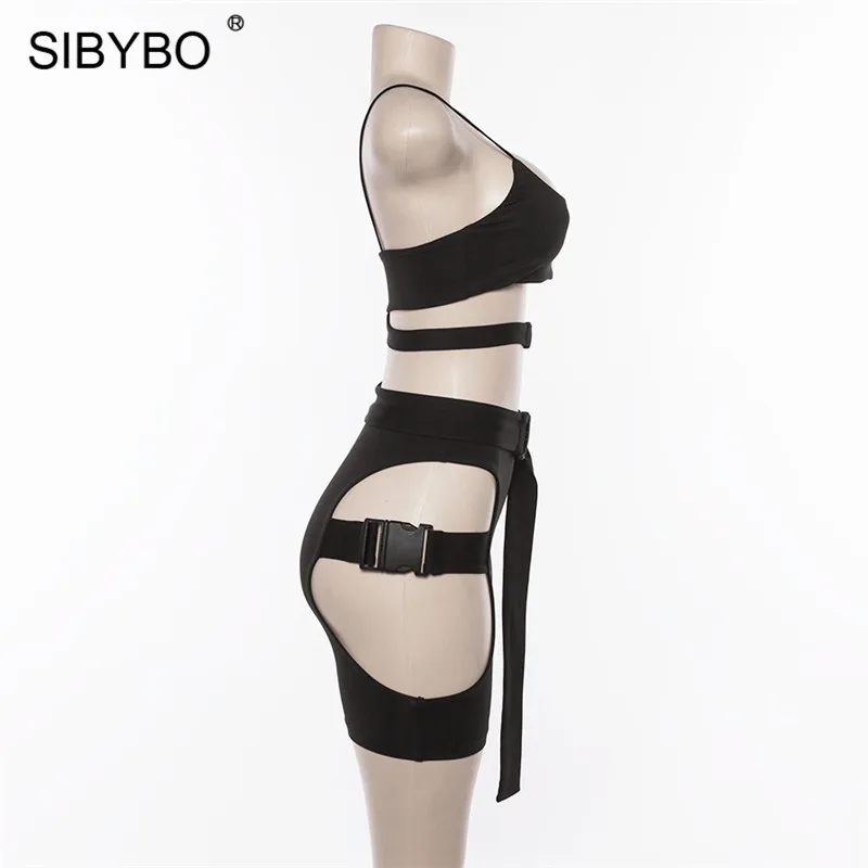 Sibybo выдалбливают Пряжки Тощий сексуальный комбинезон для женщин ремень без рукавов летний комплект из двух частей женский пляжный Повседневный короткий комбинезон