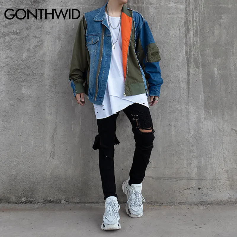 GONTHWID/Лоскутная джинсовая куртка на молнии в стиле хип-хоп, хипстер, панк-рок, джинсовая куртка, верхняя одежда, мотоциклетная куртка, пальто, уличная одежда