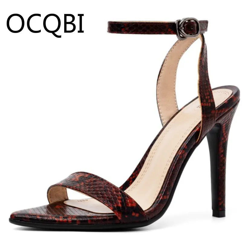 

Womens High Heel Summer Shoes Single Strap Open Pointed Toe Sandals Street Shoes Snake-grain Pattern Wine Red Party Sandals