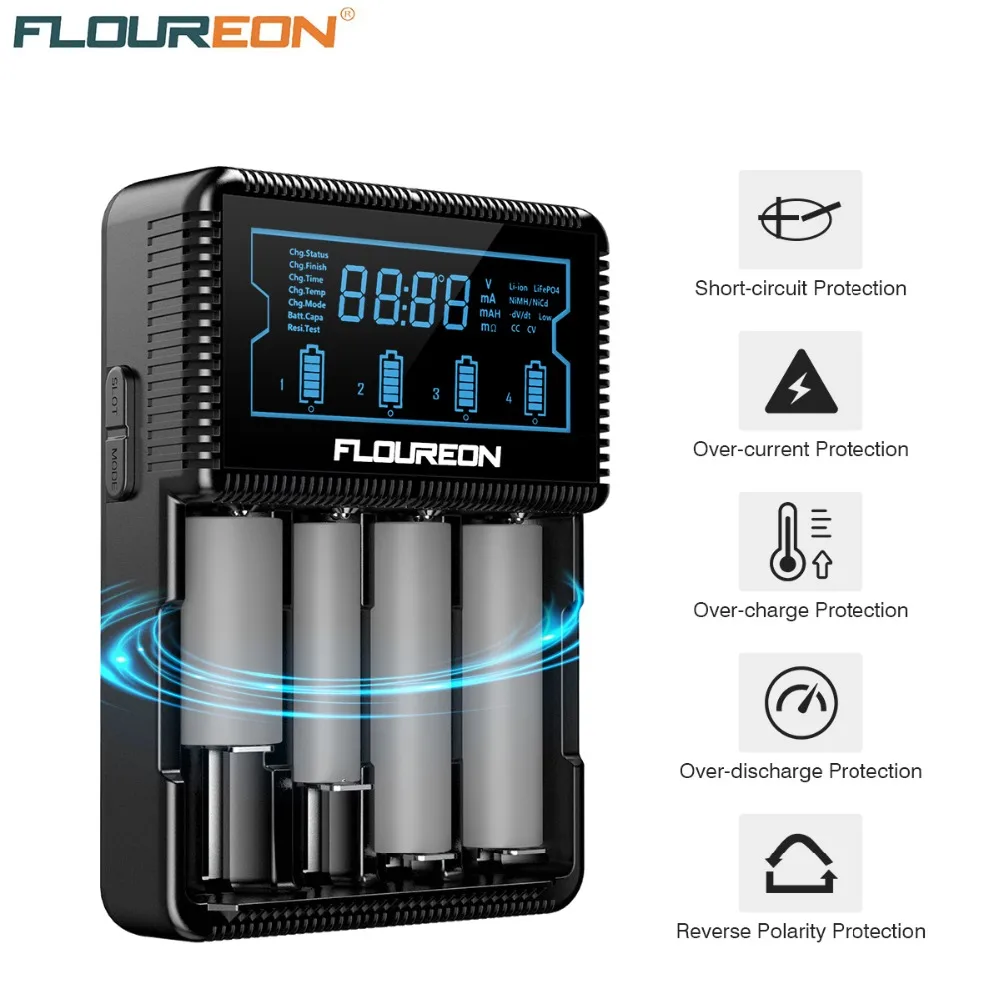 

Floureon S4 2.0A Intelligent LCD Charger for AA AAA 18650 20700 26650 Li-ion Ni-Mh Ni-Cd Rechargeable Battery (Not included)