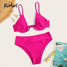 Romwe, спортивный комплект бикини, неоновый, ярко-розовый, Одноцветный топ на косточках, с высокой талией, низ, купальник для женщин, летний, сексуальный, два предмета, костюмы