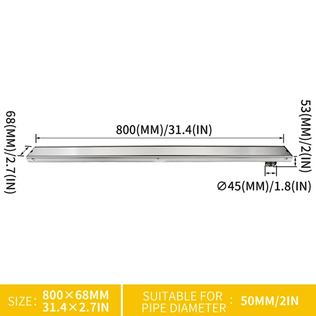 High Quality 80CM SUS304 Stainless Steel Floor Drain Tile Insert Rectangular Anti-Odor Shower Floor Drain Gate Drain Side Gravity Type