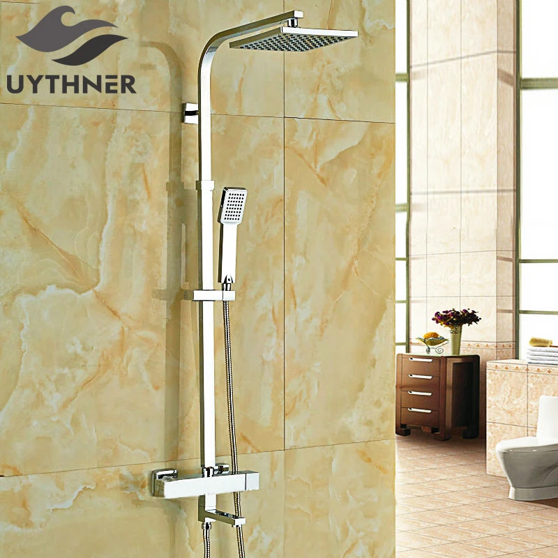 Chrome Rain Shower Faucet Thermostatic Set w/ Hand Sprayer Square Rainfall Tub Mixer Faucet|shower set|thermostatic shower setmixer faucet |