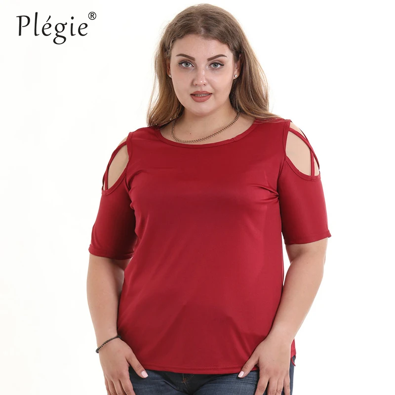 

Plegie 5XL 6XL Plus Size Women T Shirt Cut Shoulder Short Sleeve Solid T-shirt Hollow Out Casual Loose Summer Ladies Tops