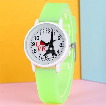 

Eiffel Tower Arabic Numerals Display Round Dial Quartz Watches Sugar Color Silicone Waterproof Watch Kids Lovely Children Clock