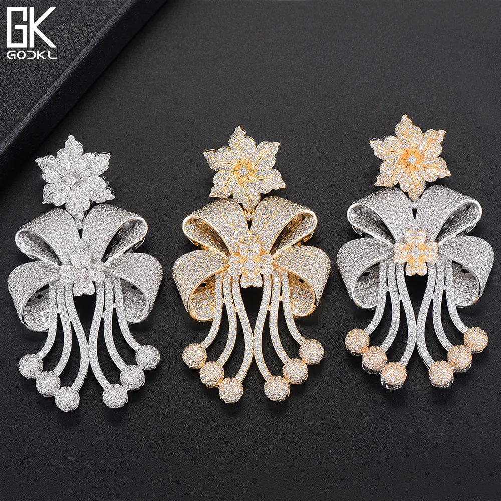 

GODKI 72mm Trendy Luxury Bowknot Flowers Nigerian Long Dangle Earrings For Women Wedding Zirconia CZ Dubai Dubai Silver Earrings
