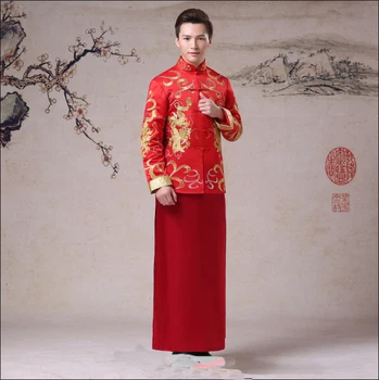 

Dragon Embroidery Chinese Men Marriage Clothes Oriental Bridegroom Wedding Party Costume Suit Male Toast Clothing S M L XL