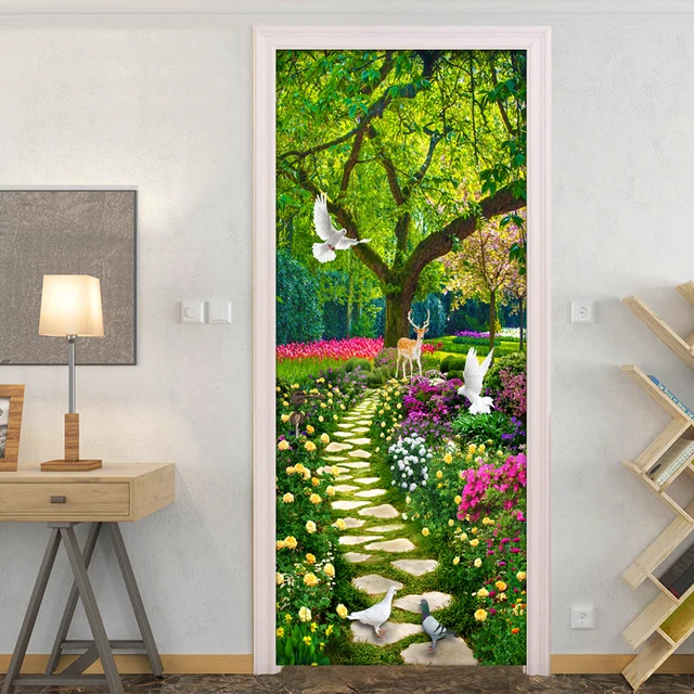 Bosque camino de piedra flor Pastoral paisaje 3D foto papel pintado PVC