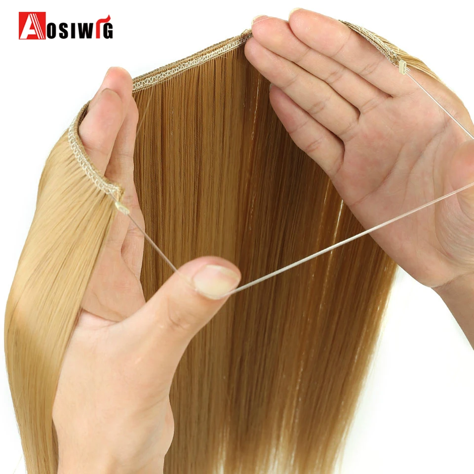 22 inches Women Fish Line Hair Extensions Heat Resistant Synthetic Invisible Wire No Clips Long Curly Hairpiece AOSIWIG