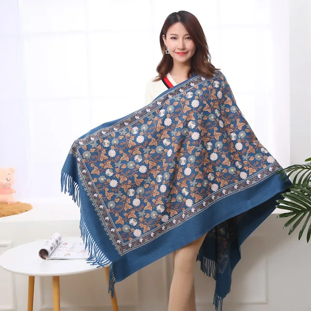 Высококачественный Женский шарф с вышивкой и цветочным узором в китайском этическом стиле, утепленный шарф в ретро-стиле с цветочной окантовкой, шаль, теплый и мягкий - Цвет: blue