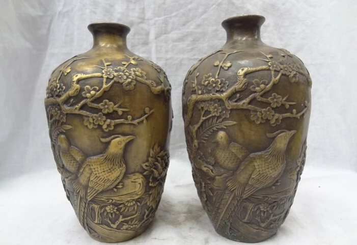 

S2362 8" Chinese Pure Bronze 2 Magpie Bird Pine Tree Statue HanZi Flower Pot Vase Pair D0318