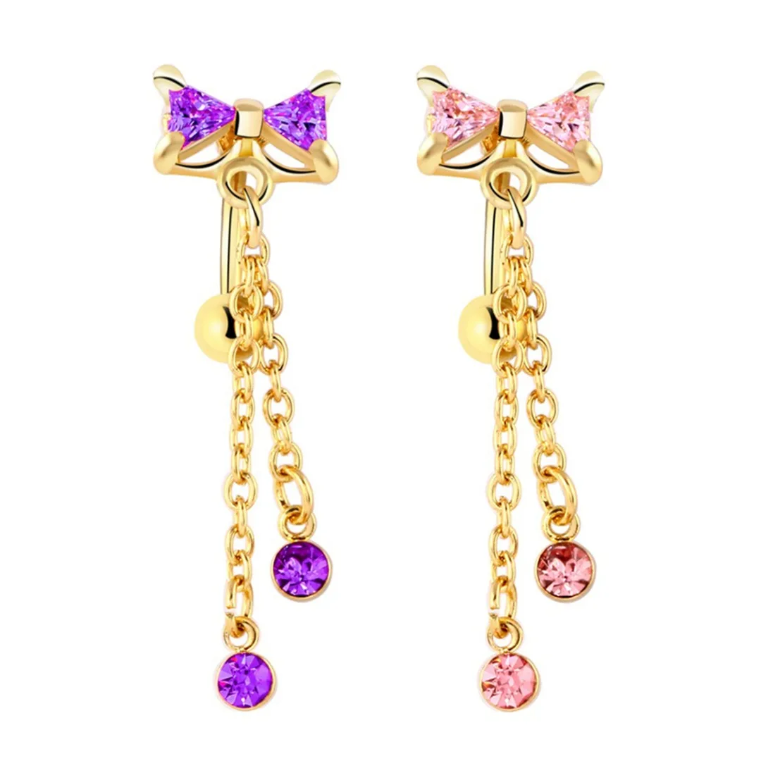 Women Bowknot Crystal Dangle Barbell Belly Button Ring Trendy Gold Color Rhinestone Navel Piercing Body Jewelry Gift Shellhard