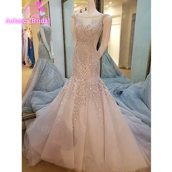 

Vestidos De Noiva Elegant Sleeveless Scoop Neck Gray Wedding Dresses Lace Appliques Pearls Bridal Gowns Lace-up Back Real Photos