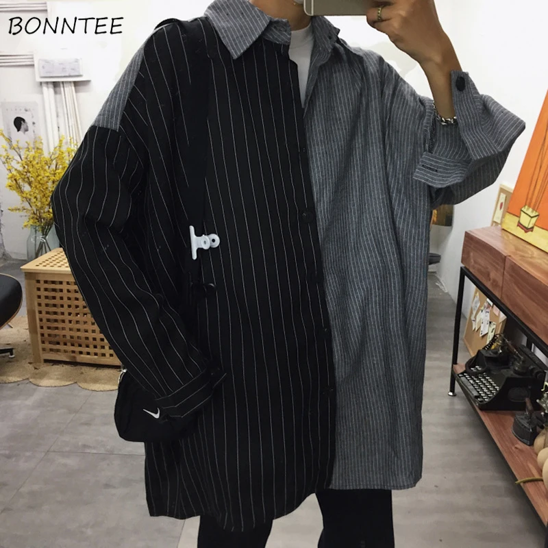

Shirts Men Patchwork Leisure Loose Simple All-match Korean Style Oversize Daily Shirt Mens Ulzzang Turn-down Collar Clothing