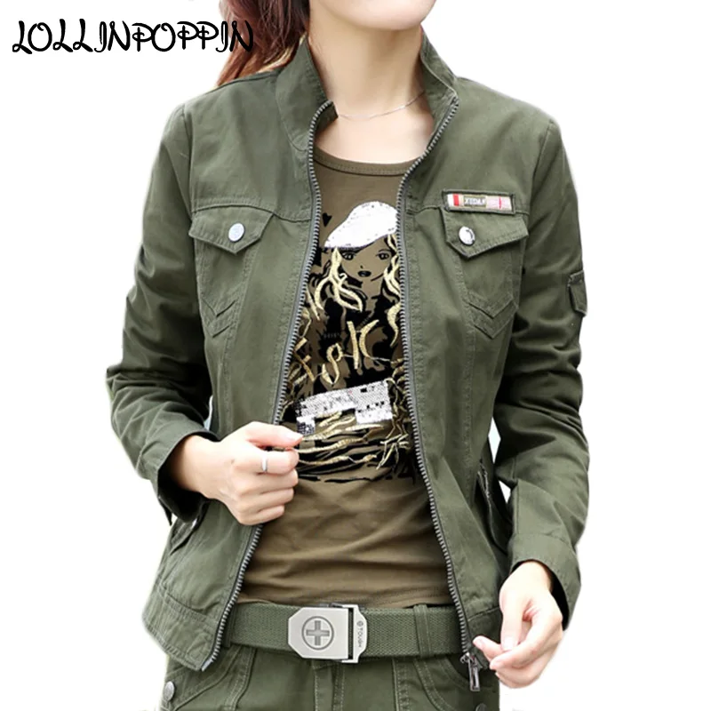 Women Military Style Cargo Jacket Army Green Jackets Stand Collar 100