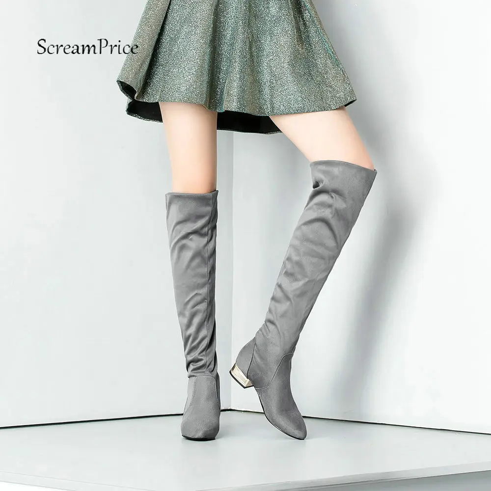 

Women's Flock Over the Knee Boots Thick Low Heel Fashion Boots Pointed Toe Winter Ladies Shoes Gray Black