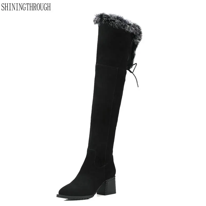 

Genuine leather Women over the Knee High snow Boots high Heels Winter warm Boots poined Toe Ladies Boots Shoes Woman size 41 42