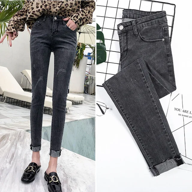 

CHOLYL 2019 spring new high waist smoke gray jeans female Korean version of the Washed and worn tight feet nine pants