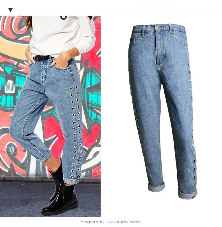 Бренд threasa женские прямые джинсовые Свободные Длинные Джинсы бойфренда с металлическими заклепками Eyeleting джинсы женские длинные штаны брюки с высокой талией