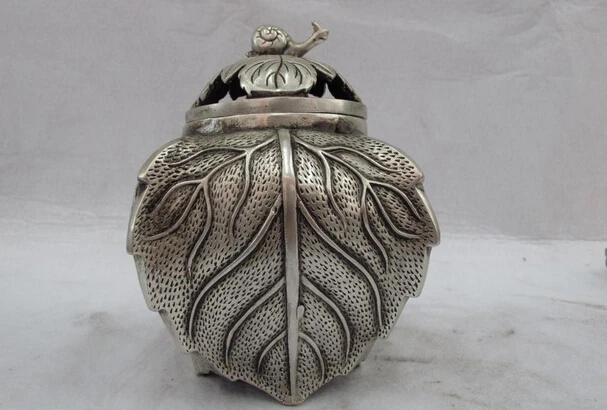 

Collectible bronze lion statue S0826 Chinese Palace White Copper Silver Snail Tree leaf carved Censer incense burner (B0413)