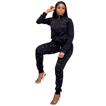 

2018 Autumn Winter Casual Tracksuit Women Fashion Pearl 2 Piece Set Jackets Pant Set Outfits Ladies Suits