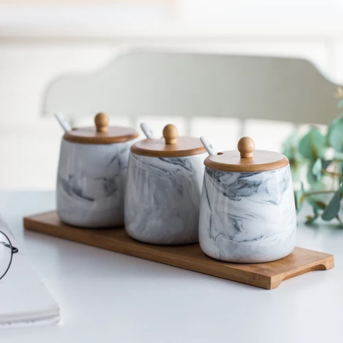 Нордический мраморный креативный керамический горшок для специй, набор из трех масел и солей, домашний горшок для специй, кухонные аксессуары, коробка для приправ - Цвет: gray
