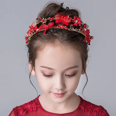 Прямая поставка для девочек на день рождения для волос украшения для волос, красный корона принцессы с цветочным рисунком, детский Красивый комплект из свадебной церемонии, повязка на голову - Цвет: Red
