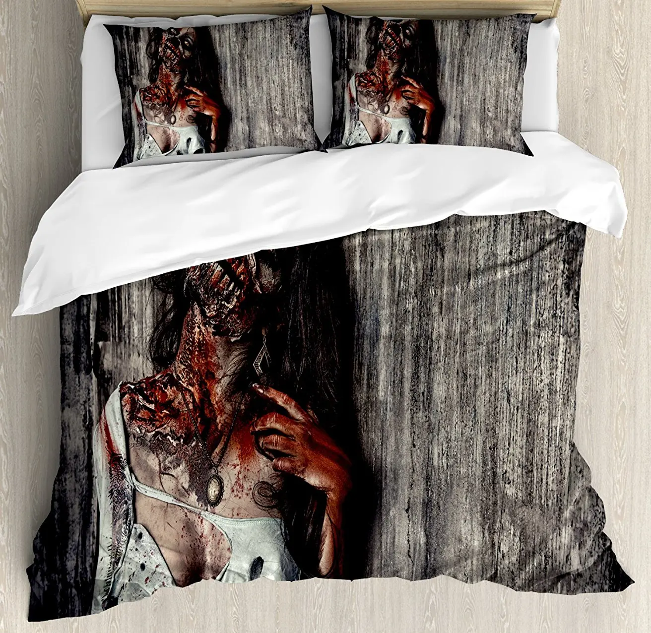 

Zombie Decor Duvet Cover Set , Angry Dead Woman Sacrifice Fantasy Mystic Night Halloween Image, 4 Piece Bedding Set