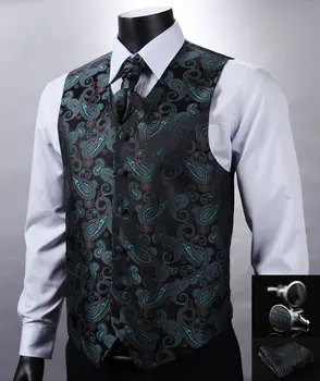 

VE11 Green Black Paisley Top Design Wedding Men 100%Silk Waistcoat Vest Pocket Square Cufflinks Cravat Set for Suit Tuxedo