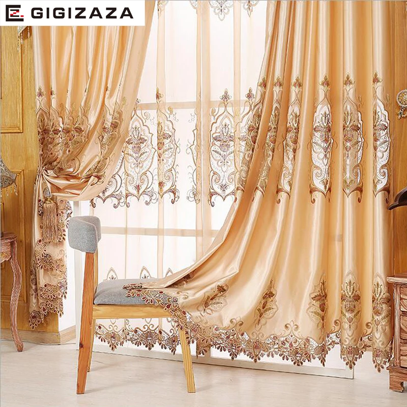

NEW GIGIZAZA Embroidery Imitation Silk Heavy Fabric Window Curtain TAN Color Black Out Blinds for Bedroom Living Light Shading