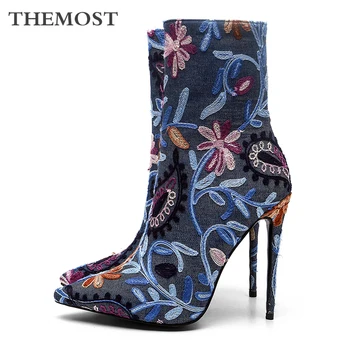 

ARQA embroidered denim ankle boots for woman autumn and winter warm short plush high heel pointed female boots fashion shoe