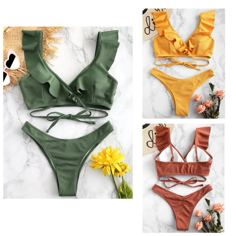 

Ruffle Biquini Low Waist Thong Sexy Ribbed Swimsuit Push up Bikini Set Women Swimwear Beach Bathing Beachwear Bikini Set