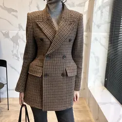 Тонкий шерстяной костюм куртка 2018 зима осень новая мода элегантный коричневый плед женские блейзеры винтажная офисная одежда