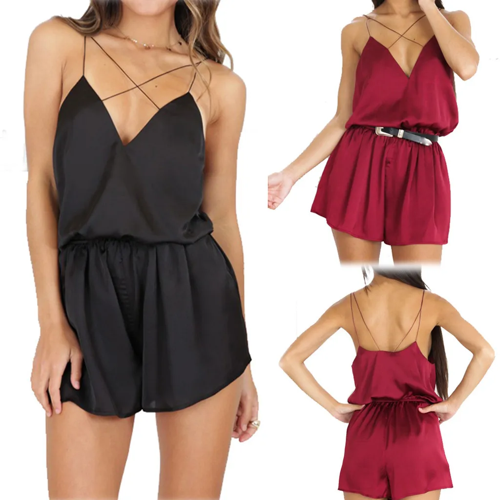 

Sexy Womens Satin Strappy Holiday Playsuit Deep V Neck Ladies Jumpsuit Summer Beach body mujer 2019 newest