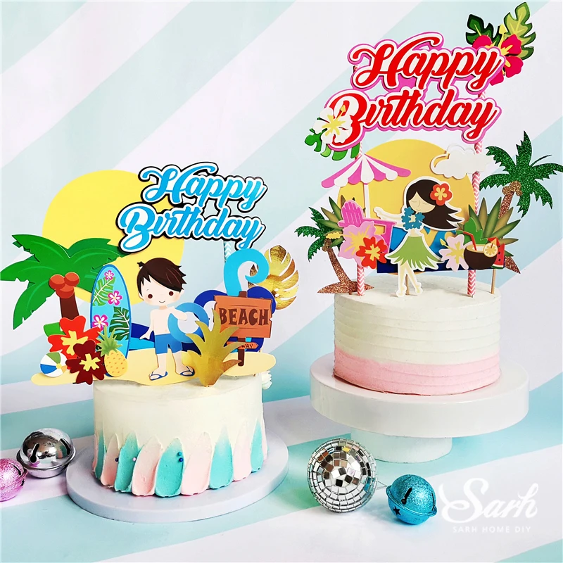 

Ins Beach Surfing Boy Girl Cake Toppers Laser Ball Decoration for Children Kid Happy Birthday Party Supplies Sweet Gifts