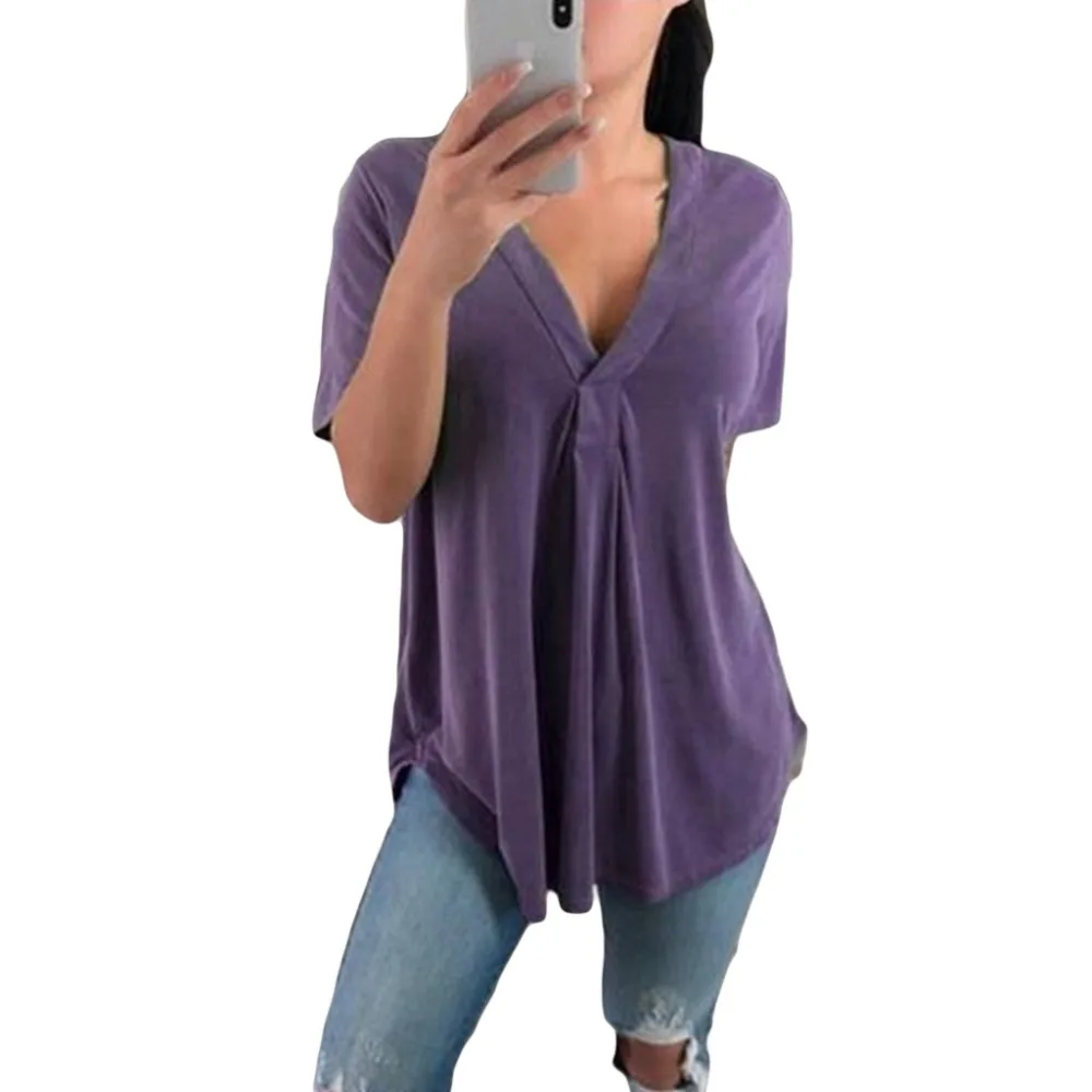 2019 Plus Size Women Summer Blouse Tops Casual Loose Short Sleeve Solid V-Neck Blouses Shirts 2019 Plus Size Women Summer Blouse Tops Casual Loose Short Sleeve Solid V-Neck Blouses Shirts