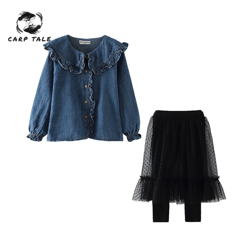 

Children's Spring and Autumn Set Fashion Girls Casual Wear Denim Lapel Tops + Lace Pants little girl Wear Autumn Two-piece Set