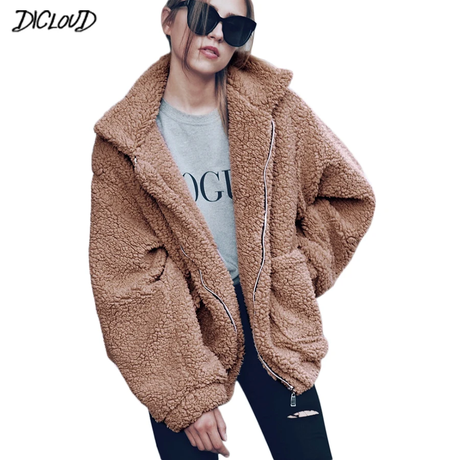 

DICLOUD Autumn Winter Faux Fur Coat Women 2018 Fashion Lambswool Warm Jacket Female Tops Plus Size Casual Loose Outwear Clothes