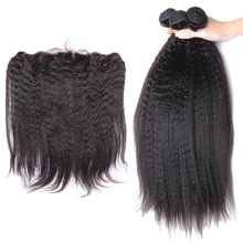 Kinky Straight Human Hair Bundles With Frontal Closure Silk Base Lace Frontal Closure 3 Brazilian Virgin Hair Extension CARA