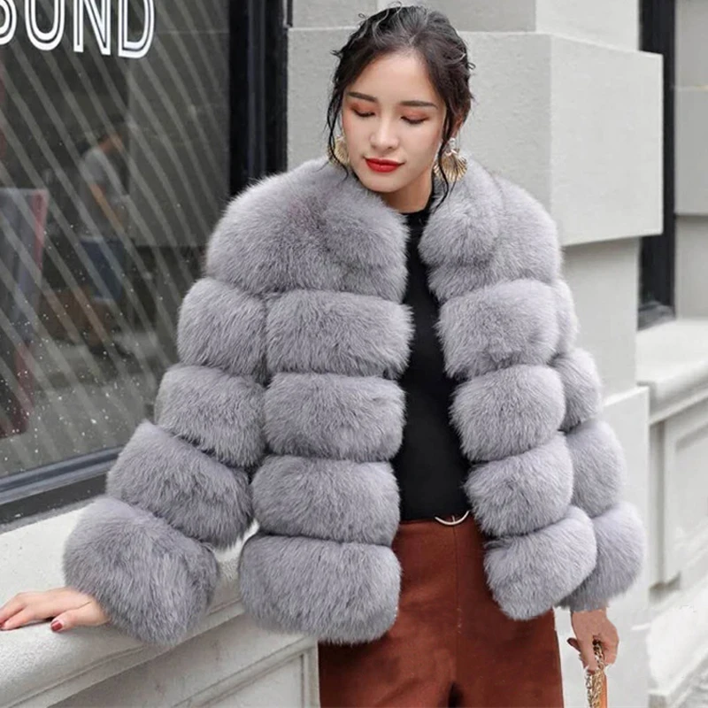 

Savabien 2019 Winter Fashion Faux Fox Fur Coat Women Stand Collar Luxury Thick Warm Furry Fake Fur Jackets And Coats Pink Furs