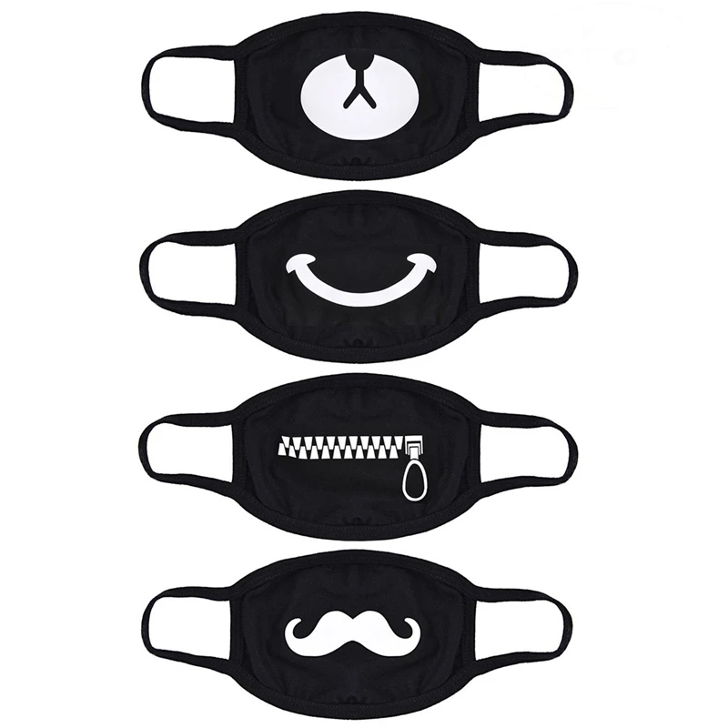 

Mouth Mask,4 Pack Kpop Mask Anti-dust Cotton Face Mask for Men and Women (1 bear 1 zipper 1 smile 1 beard)