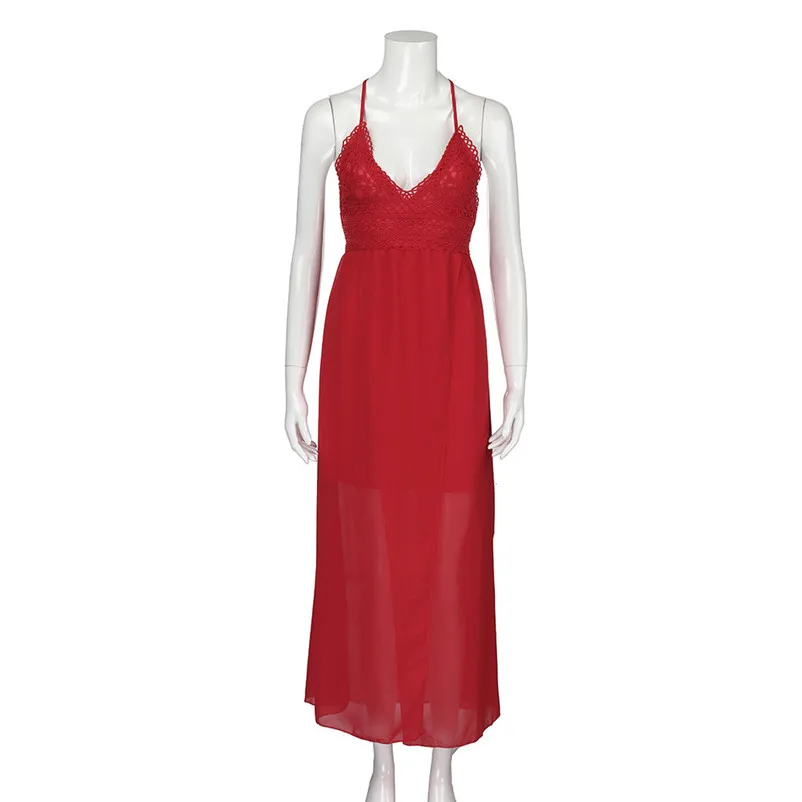 HOT sell Dress summer beach dress Women Sexy Lace Camisole Splicing Backless Chiffon Sleeveless Beach Long Dress robe J14#N (1)