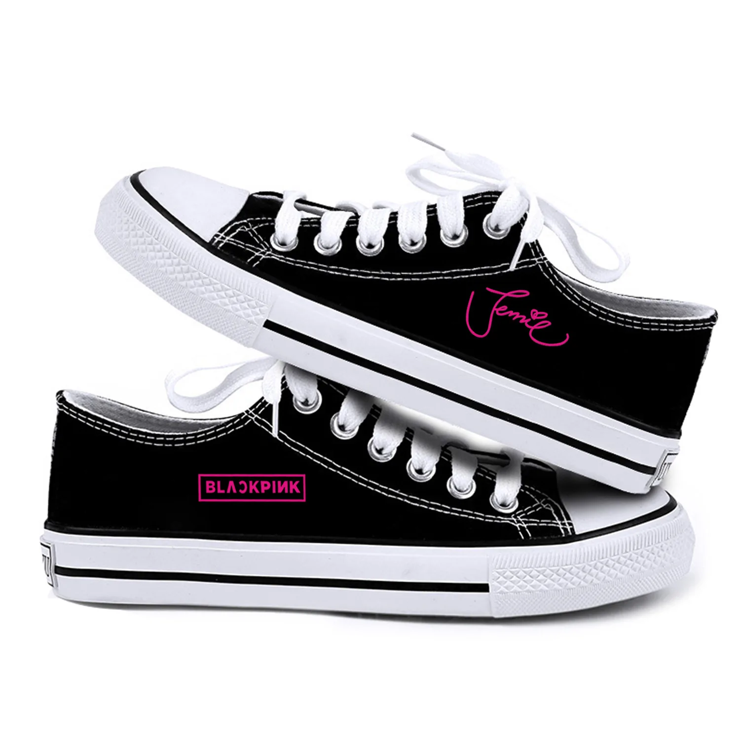 KPOP/черно-розовая парусиновая обувь; обувь на плоской подошве для влюбленных; Весенняя женская обувь; Kpop Jennie Jisoo Lisa Rose; кроссовки с принтом
