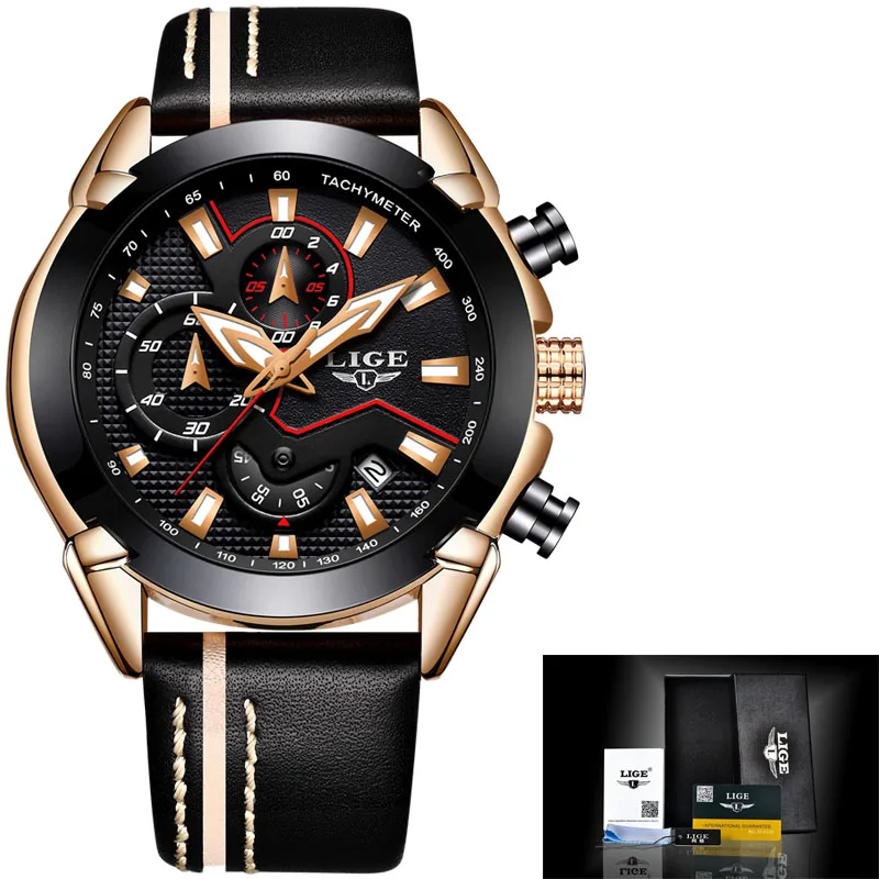 Gold black Reloje LIGE Брендовые мужские Аналоговые кварцевые часы с хронографом и датой, светящиеся стрелки, водонепроницаемые мужские наручные часы с кожаным ремешком - Цвет: Gold black