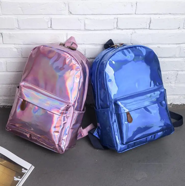 الإناث الثلاثية الأبعاد على ظهره النساء الليزر لينة بو الجلود حقيبة ظهر للسفر الفضة الهولوغرام المدرسة حقائب الفتيات