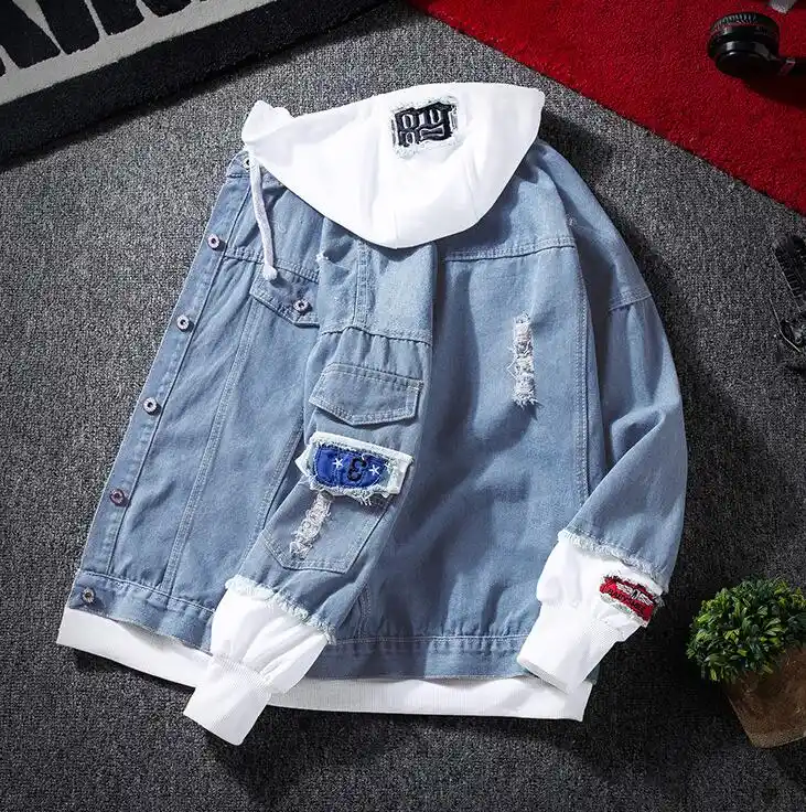 white hoodie with denim jacket